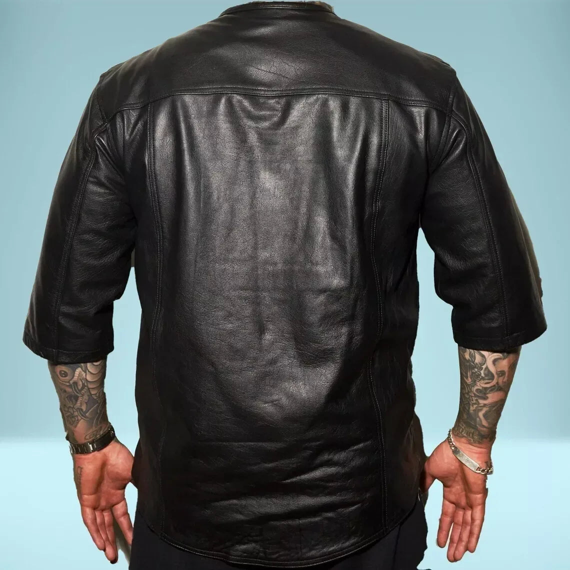 round neck collarless leather shirt men black snap cowhide