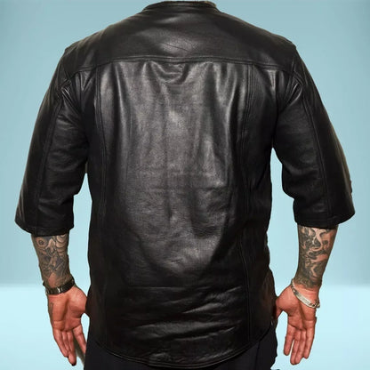 round neck collarless leather shirt men black snap cowhide