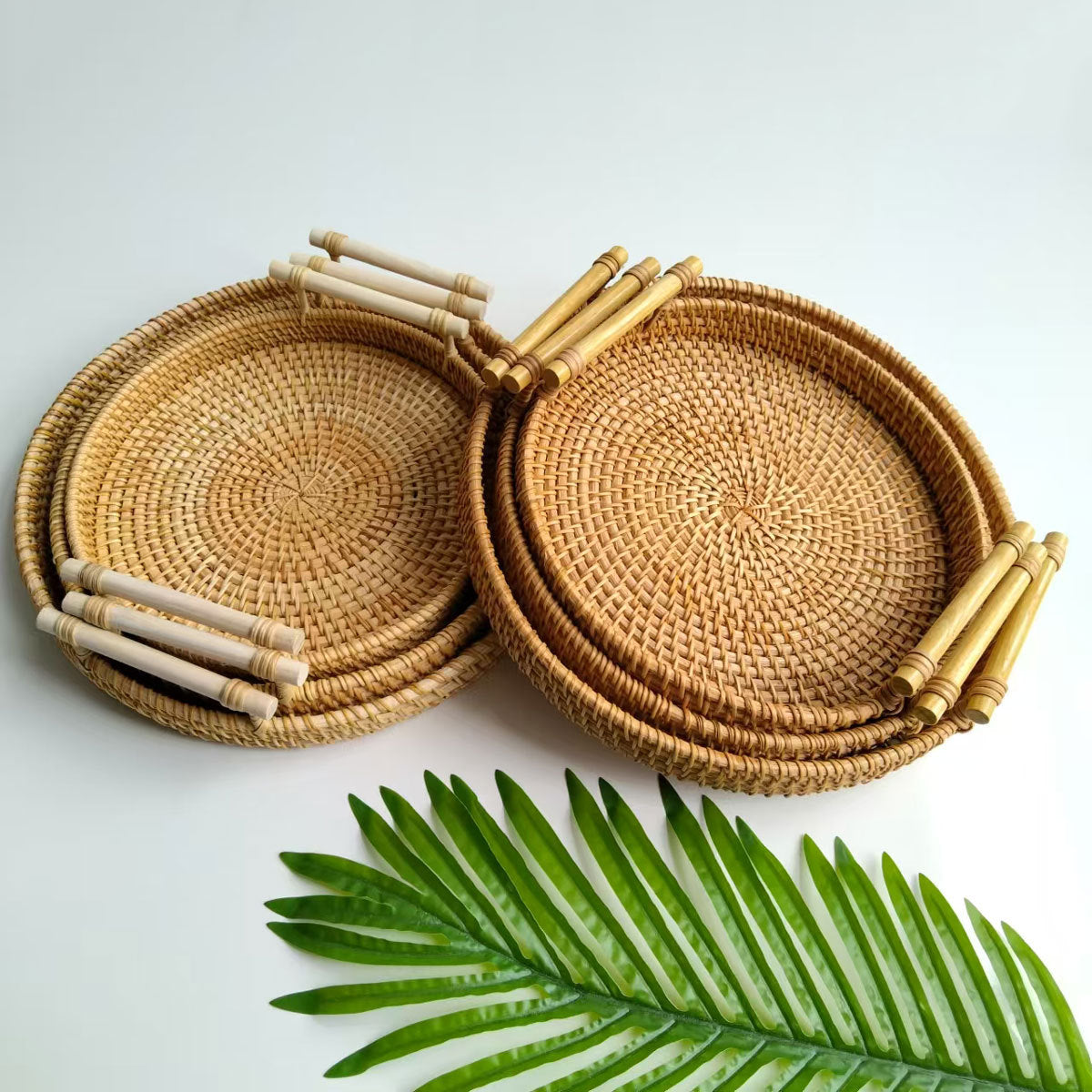Round rattan tray set with white handles