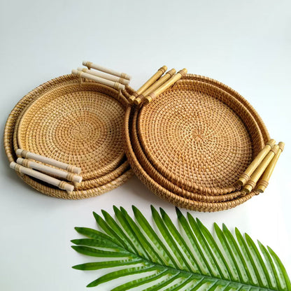 Round rattan tray set with white handles