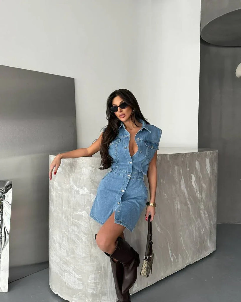 Ruched denim dress sleeveless button front bodycon