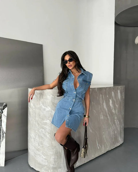 Ruched denim dress sleeveless button front bodycon