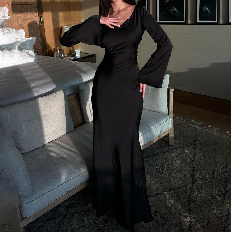 black ruched long sleeve maxi dress