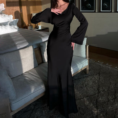 black ruched long sleeve maxi dress