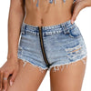 Womens Ripped Denim Shorts Mini Blue Jean with Front Zip