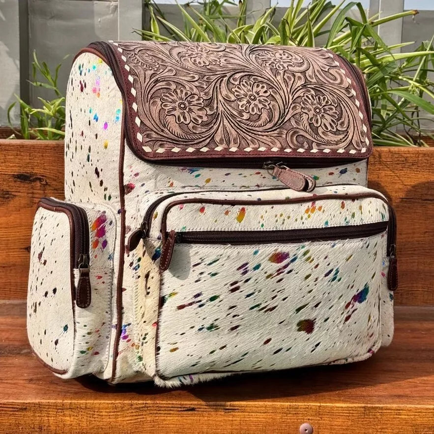 Western Metallic Hide Tooled Leather Diaper Backpack