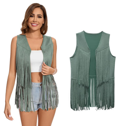 Black Faux Suede Fringe Vest for Women