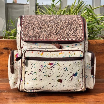 Western Metallic Hide Tooled Leather Diaper Backpack