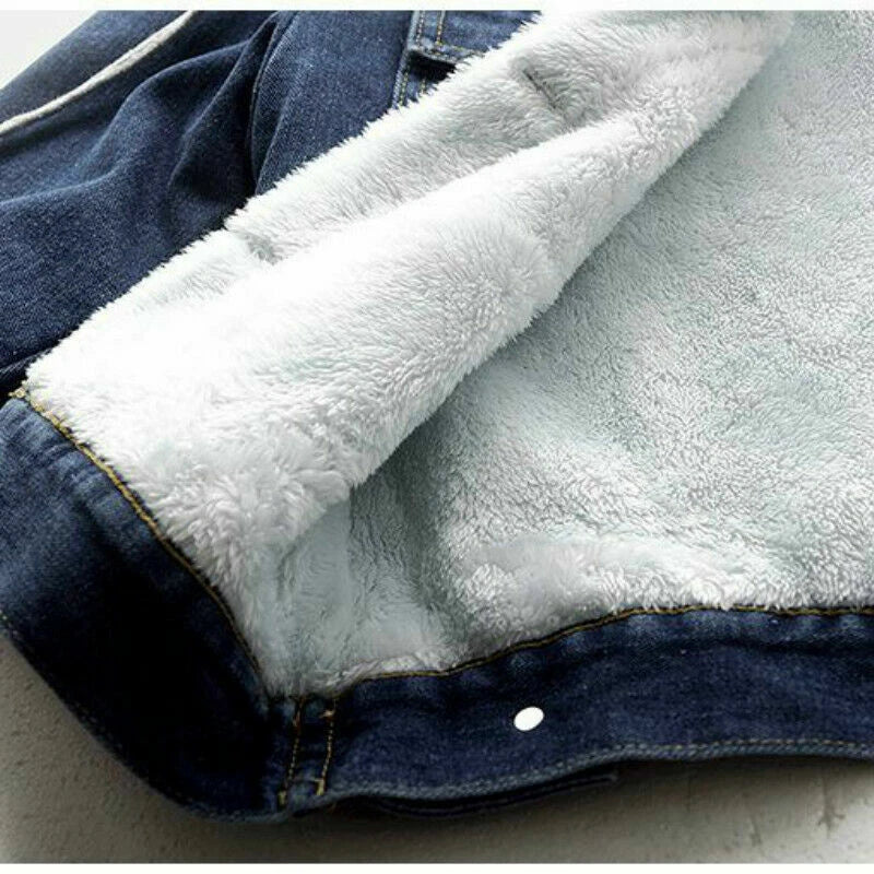 Retro Blue Fur Lined Jean Jacket with Hoodie