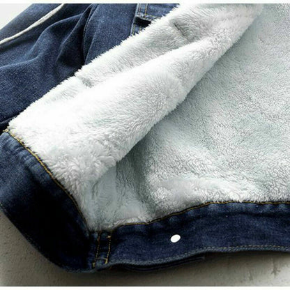 Retro Blue Fur Lined Jean Jacket with Hoodie