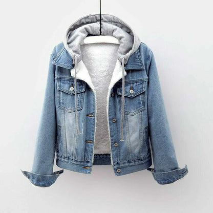 Retro Blue Fur Lined Jean Jacket with Hoodie