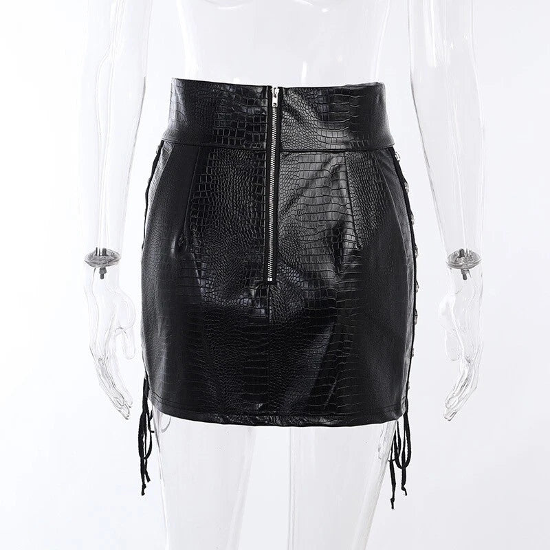 Women's black leather mini skirt with adjustable lacing