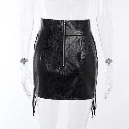 Women's black leather mini skirt with adjustable lacing
