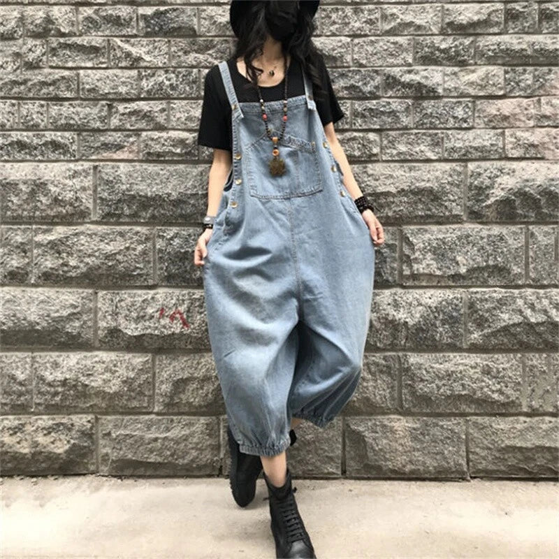 Baggy denim overall dress for women loose retro fit