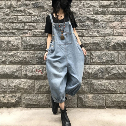 Baggy denim overall dress for women loose retro fit