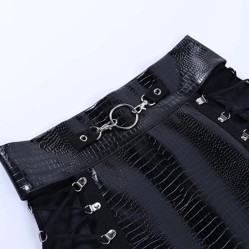Women's black leather mini skirt with adjustable lacing
