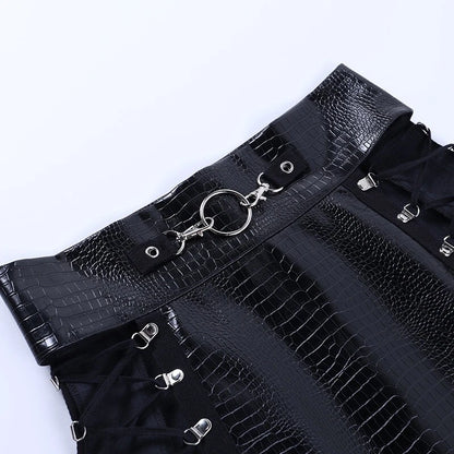 Women's black leather mini skirt with adjustable lacing