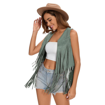Black Faux Suede Fringe Vest for Women