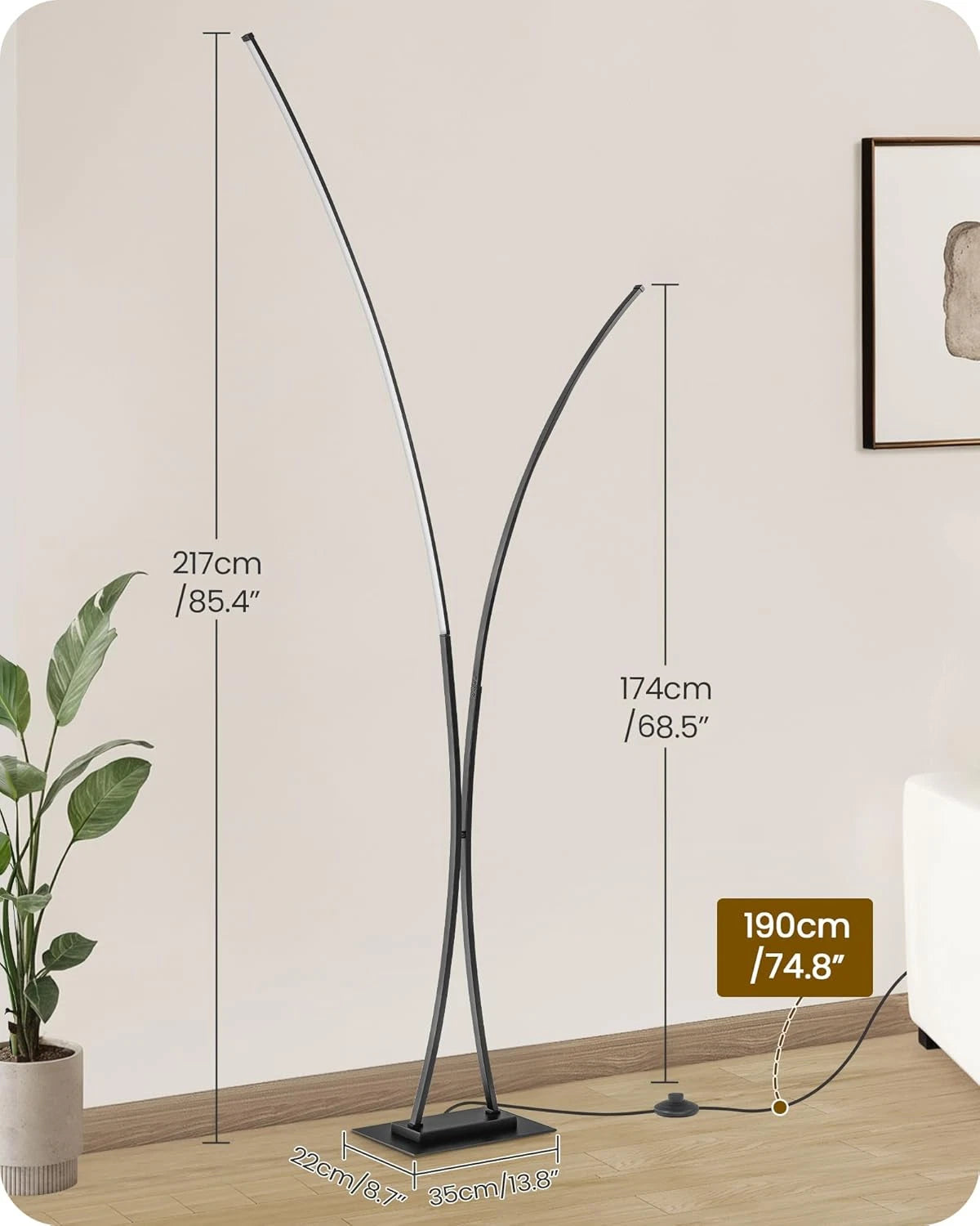Black Arc Floor Lamp with Remote, Dual Dimmable LED Lights