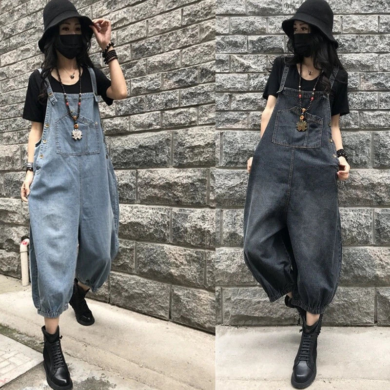 Baggy denim overall dress for women loose retro fit