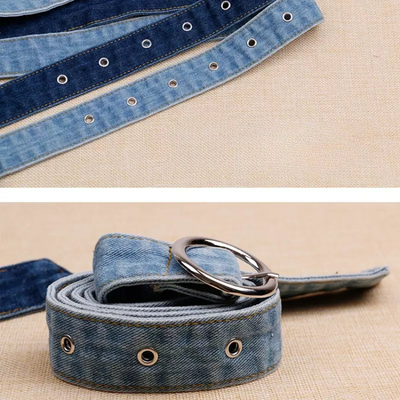 Dual Tone Round Buckle Denim Belts For Women