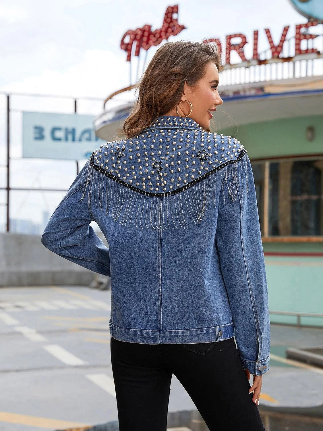 Western Punk Rock Denim Jacket with Tassel Trim