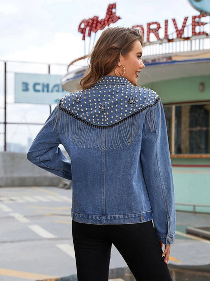 Western Punk Rock Denim Jacket with Tassel Trim