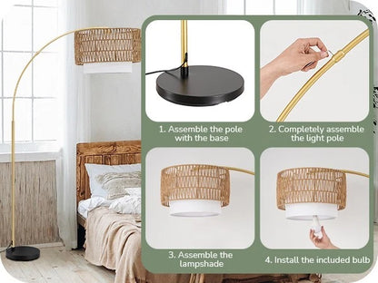Gold Arched Boho Floor Lamp with Rattan Shade