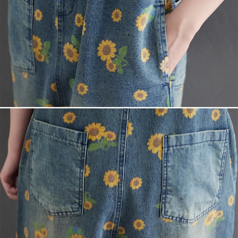 Womens denim jumpsuit with sunflower print overalls