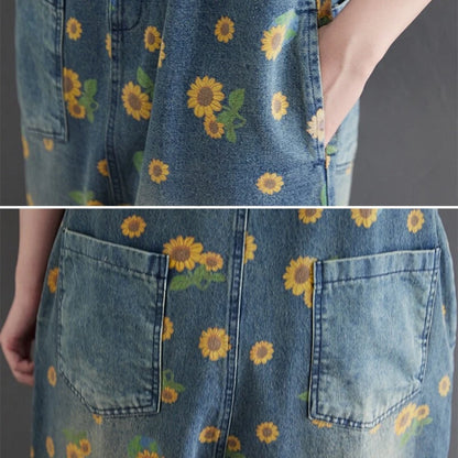 Womens denim jumpsuit with sunflower print overalls
