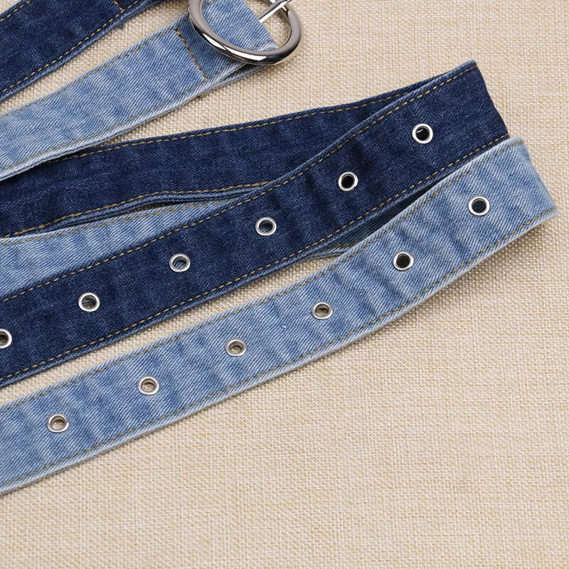 Dual Tone Round Buckle Denim Belts For Women