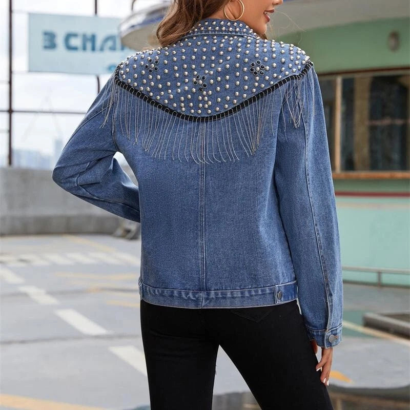 Women's Rivet Studded Denim Jacket with Tassel Fringe