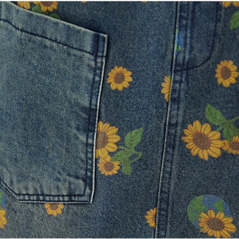Womens denim jumpsuit with sunflower print overalls