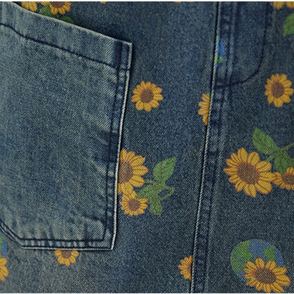 Womens denim jumpsuit with sunflower print overalls