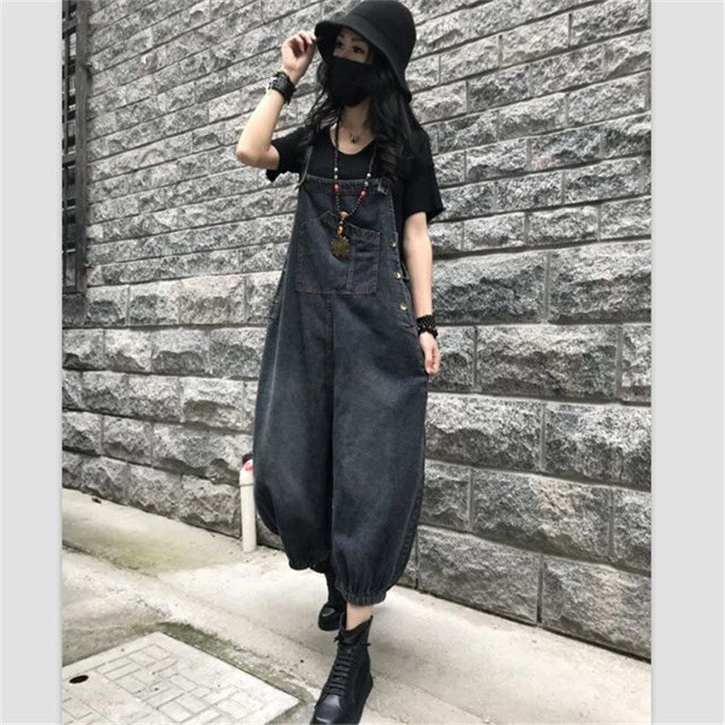 Baggy denim overall dress for women loose retro fit