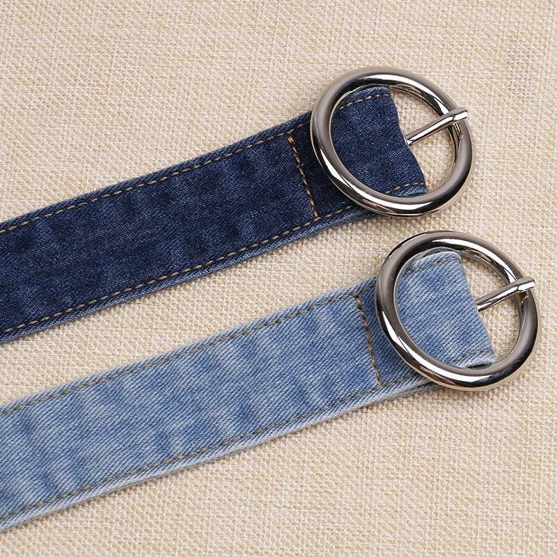 Dual Tone Round Buckle Denim Belts For Women