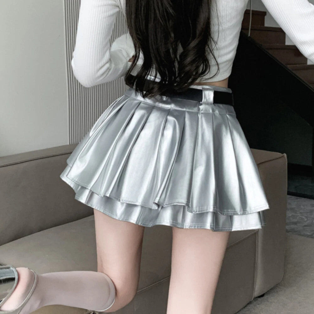 Silver metallic faux leather mini skirt