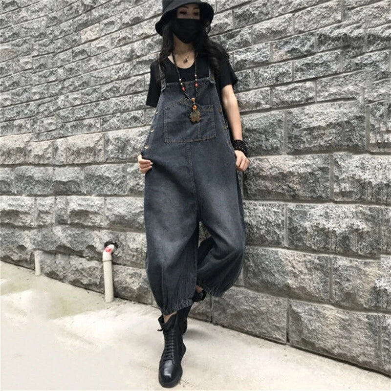 Baggy denim overall dress for women loose retro fit