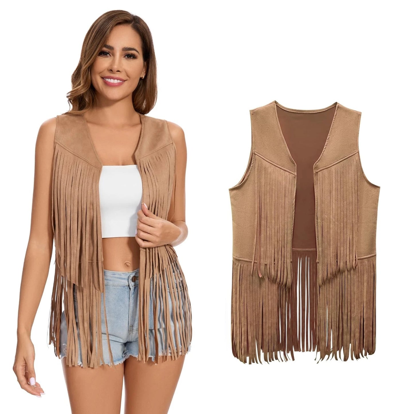 Black Faux Suede Fringe Vest for Women
