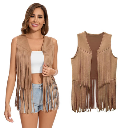 Black Faux Suede Fringe Vest for Women