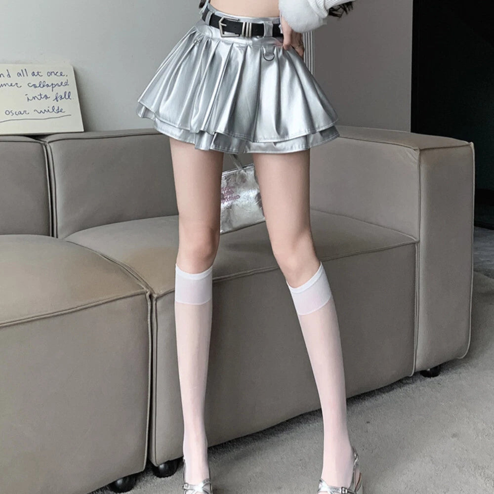 Silver metallic faux leather mini skirt