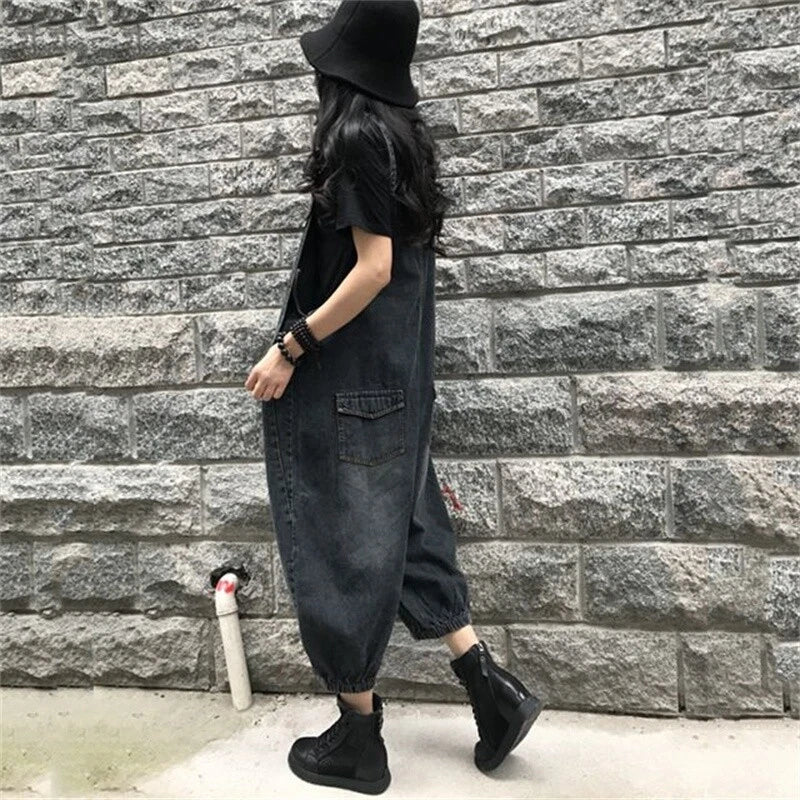 Baggy denim overall dress for women loose retro fit
