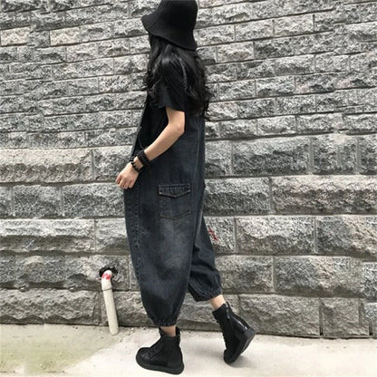 Baggy denim overall dress for women loose retro fit