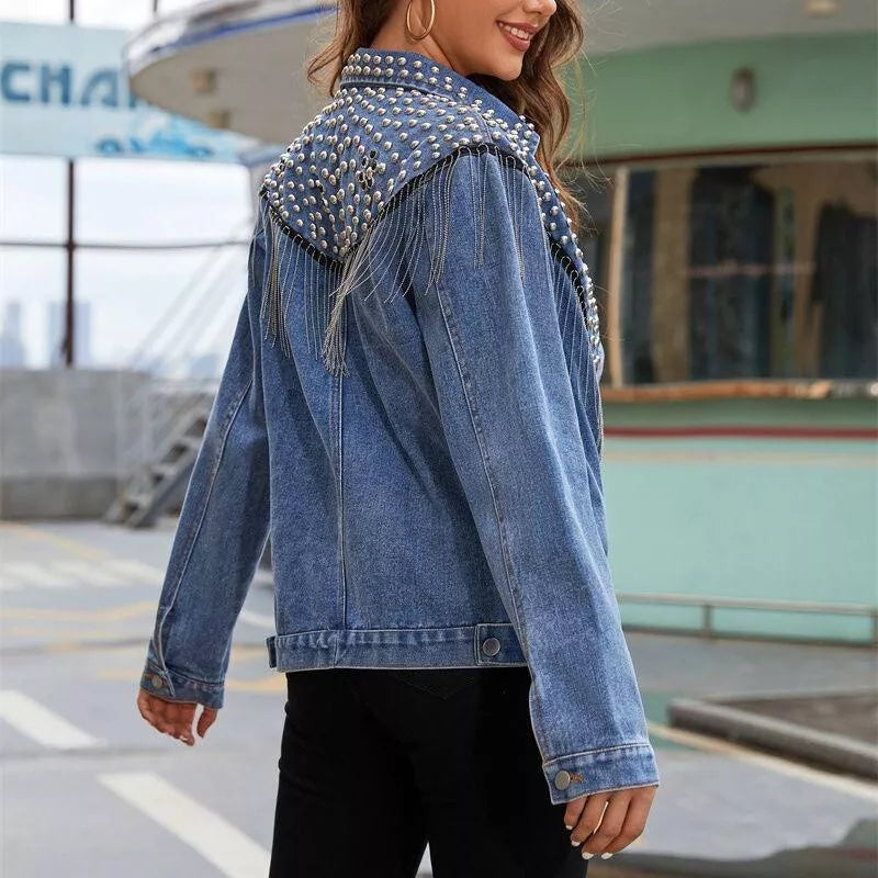 Women's Rivet Studded Denim Jacket with Tassel Fringe