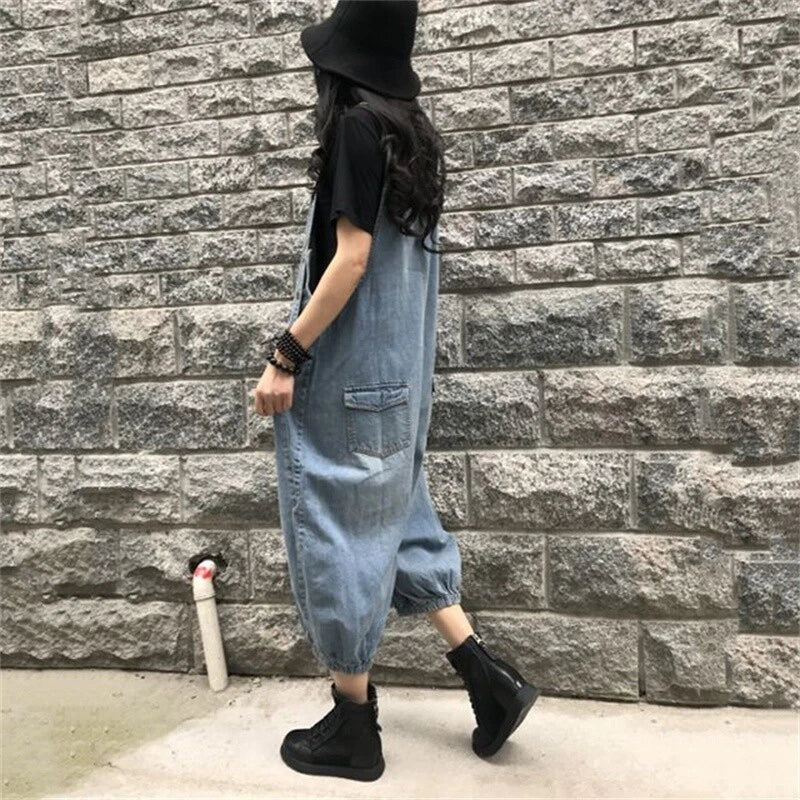 Baggy denim overall dress for women loose retro fit