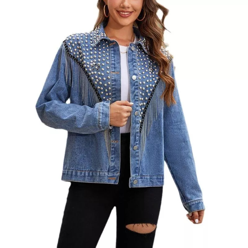 Women's Rivet Studded Denim Jacket with Tassel Fringe