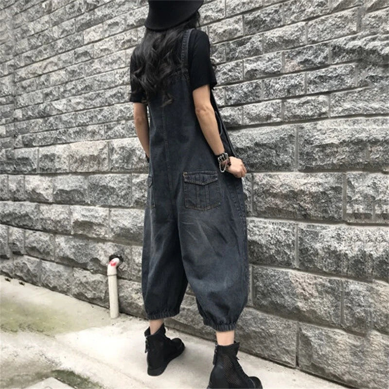 Baggy denim overall dress for women loose retro fit