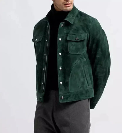 Men’s Dark Green Suede Trucker Jacket Matte Finish