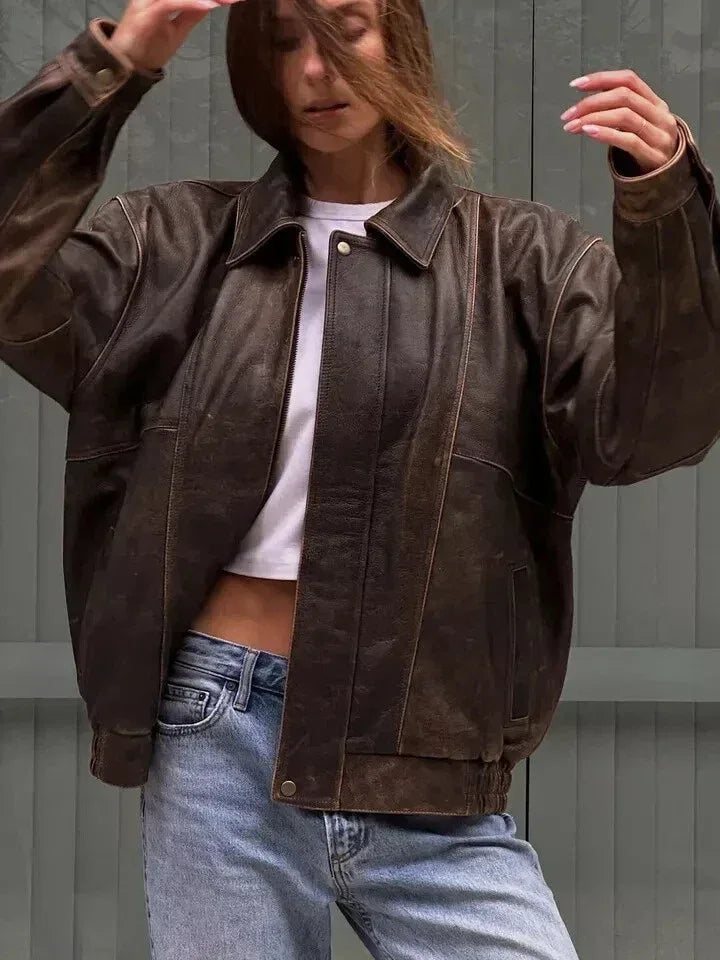 Women Oversized Leather Jacket Brown Distressed Vintage A2 Bomber