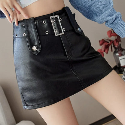 Women's faux leather mini skirt with belt buckle